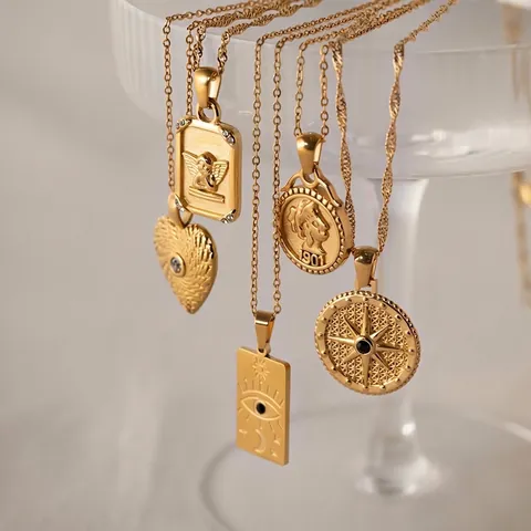 Collana con Pendente in Acciaio Inossidabile Vintage Placcata Oro Angelo Cuore Moneta Sole Luna Motivo per Donna Gioielli