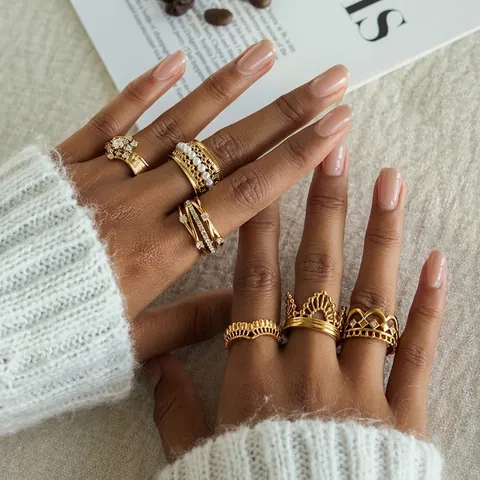 Anelli In Acciaio Inossidabile Da Donna Placcati In Oro Zircone Perla Artificial Corona Pizzo Impermeabile Ipoallergenico Gioielli