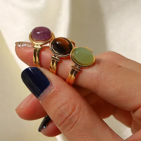 Anello In Pietra Naturale Ovale Placcato Oro 18K Acciaio Inossidabile Aperto Regolabile Gioielli Retro Donna