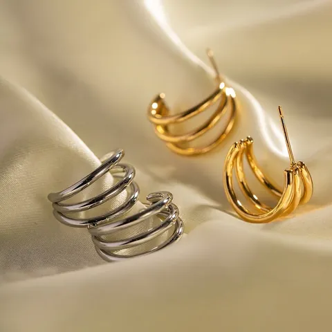 French Minimalist Stainless Steel Triple Hoop Earrings For Women 18K Gold Plated Geometric Rhinestone Stud Earrings Jewelry