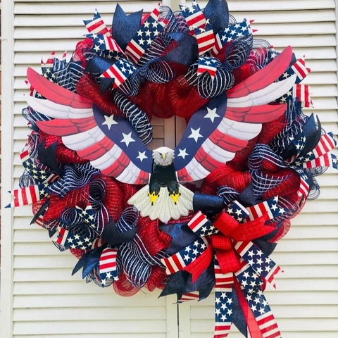 Patriotic Independence Day Eagle Wreath American Flag Red White Blue Mesh Door Hanging Fourth Of July Decoration
