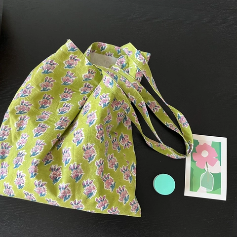 India Block Print Cotton Canvas Tote Bag Floral Striped Large Capacity Single Shoulder Handbag Retro Simple For Women