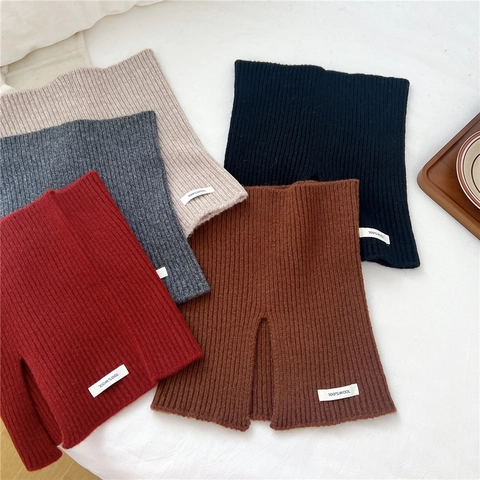 Pure Wool Neck Warmer Ribbed Knit Solid Color Scarf With Side Split Winter Warm Neck Gaiter For Women