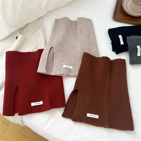 Pure Wool Neck Warmer Ribbed Knit Solid Color Scarf With Side Split Winter Warm Neck Gaiter For Women