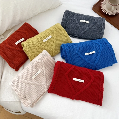 Sciarpa In Maglia 100% Lana Donna Inverno Scaldacollo Caldo Spesso Chiusura Con Bottone Stile Giapponese Motivo A Diamante