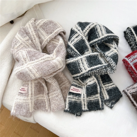 Winter Plaid Knitted Scarf Thick Chunky Warm Soft Fashionable Hand Made Decorative Label For Women Men Couple Commute