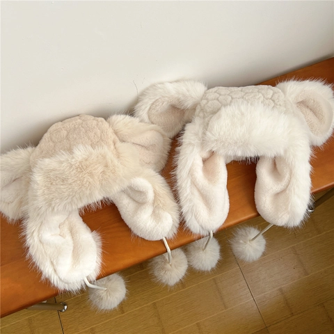 Women's Cute Plush Earflap Hat Winter Warm Faux Fur Trapper Hat With Pom Poms And Animal Ears Quilted Lei Feng Hat