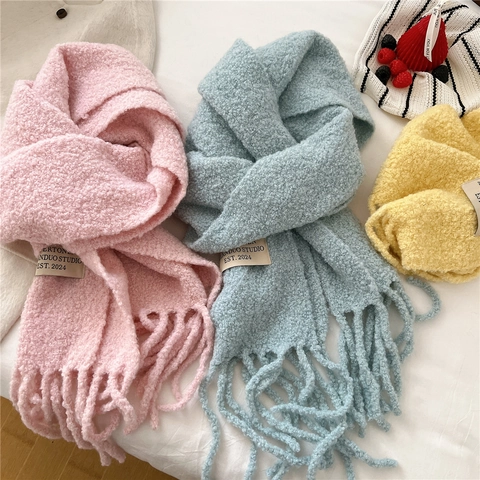 Bufanda De Invierno De Punto Para Mujer Mezcla De Lana Gruesa Larga Cálida Flecos De Borla Color Sólido Suave