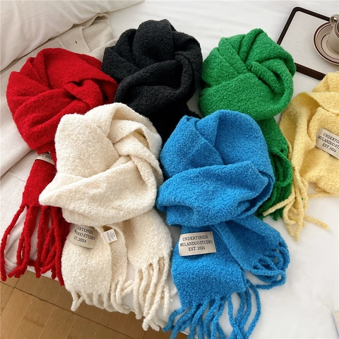 Bufanda De Invierno De Punto Para Mujer Mezcla De Lana Gruesa Larga Cálida Flecos De Borla Color Sólido Suave