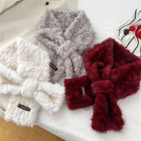 Women Faux Fur Scarf Cross Over Neck Warmer Soft Plush Thickened Winter Warm Korean Style Solid Color Elegant
