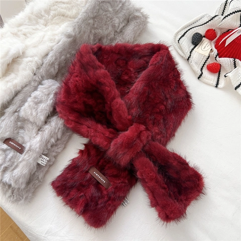 Women Faux Fur Scarf Cross Over Neck Warmer Soft Plush Thickened Winter Warm Korean Style Solid Color Elegant