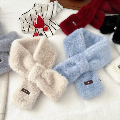Faux Fur Scarf For Women Thick Warm Neck Warmer Solid Color Cross-over Plush Winter Elegant Neck Gaiter Cold Weather