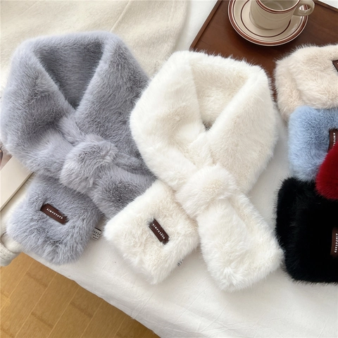 Faux Fur Scarf For Women Thick Warm Neck Warmer Solid Color Cross-over Plush Winter Elegant Neck Gaiter Cold Weather
