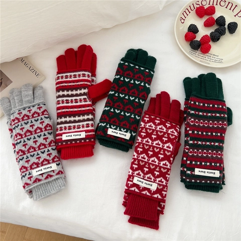 Guantes De Invierno De Punto Cálidos Gruesos Pantalla Táctil Patrón Geométrico Retro Accesorio Térmico Para Mujeres