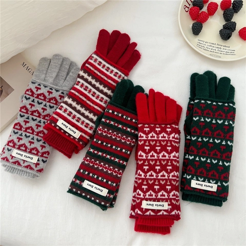 Guantes De Invierno De Punto Cálidos Gruesos Pantalla Táctil Patrón Geométrico Retro Accesorio Térmico Para Mujeres