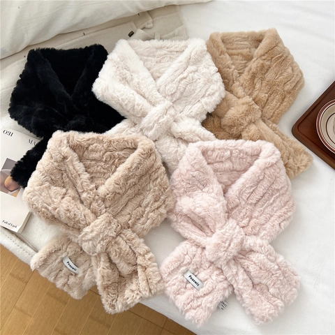 Winter Faux Fur Scarf For Women Cross Over Neck Warmer Soft Plush Thickened Wave Texture Solid Color Fashion