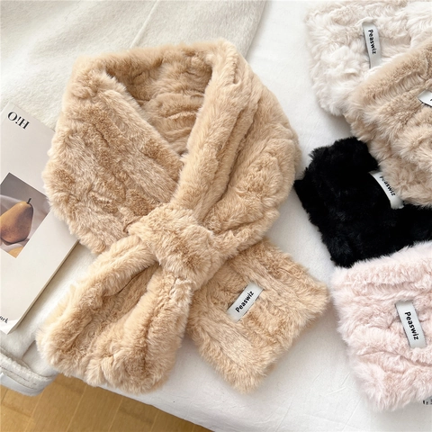 Winter Faux Fur Scarf For Women Cross Over Neck Warmer Soft Plush Thickened Wave Texture Solid Color Fashion