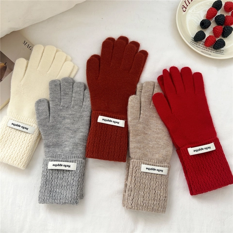 Women Knitted Gloves Winter Thermal Soft Faux Cashmere Full Finger Letter Patch Ribbed Cuffs Outdoor Warm