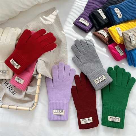 Knitted Warm Gloves Five Fingers Thickened Winter Outdoor Riding Simple Sweet Style For Women Students Ribbed Cuffs