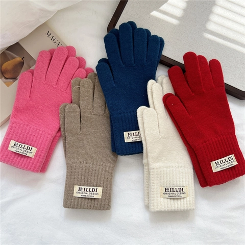 Knitted Warm Gloves Five Fingers Thickened Winter Outdoor Riding Simple Sweet Style For Women Students Ribbed Cuffs