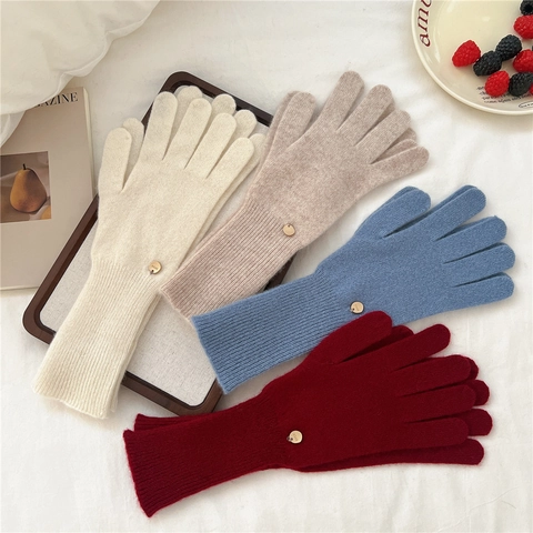 Guantes De Punto Color Sólido Cálido Mezcla De Cachemira Y Lana Invierno Exterior Ciclismo Decoración Metálica Mujeres