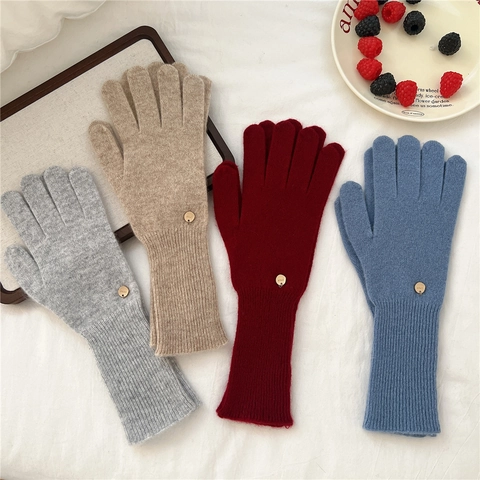 Guantes De Punto Color Sólido Cálido Mezcla De Cachemira Y Lana Invierno Exterior Ciclismo Decoración Metálica Mujeres