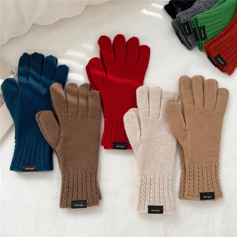Damen Winter Warm 100% Wolle Strickhandschuhe Einfarbig Zopfmuster Touchscreen Vielseitig Süß Student