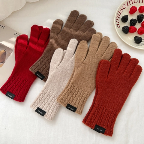 Damen Winter Warm 100% Wolle Strickhandschuhe Einfarbig Zopfmuster Touchscreen Vielseitig Süß Student