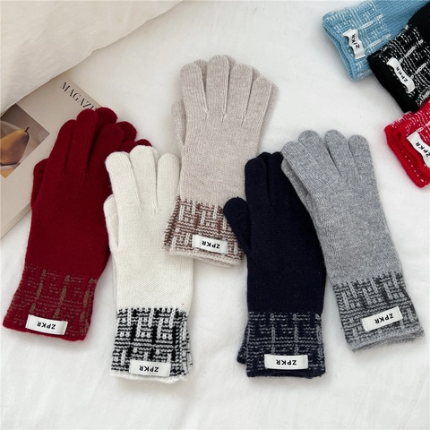Winter Knitted Full Finger Gloves Soft Woolen Fabric Warm Thermal Plaid Cuff Patch Decor For Women Girls Outdoor Cycling