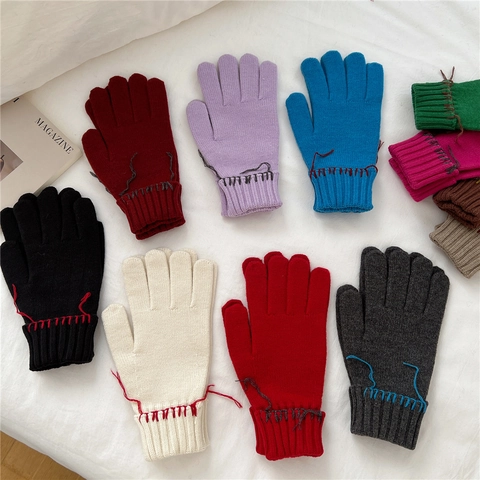 Knitted Gloves Women Winter Warm Thick Soft Yarn Full Finger With Contrast Hand Stitched Line Ribbed Cuffs