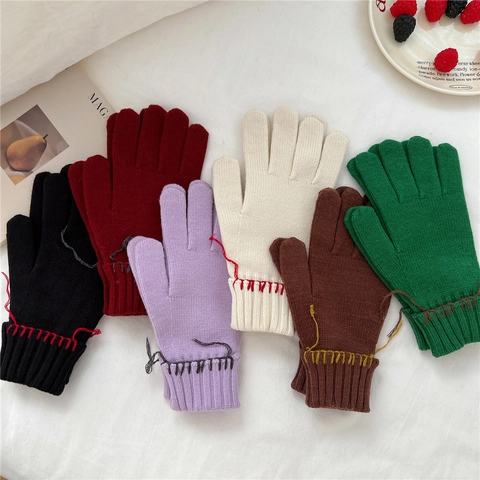 Knitted Gloves Women Winter Warm Thick Soft Yarn Full Finger With Contrast Hand Stitched Line Ribbed Cuffs