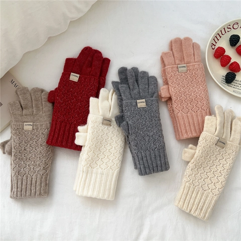 Winter Knitted Flip Top Gloves Women Thickened Warm Fingerless Convertible Mittens Rhombic Pattern Writing Touchscreen