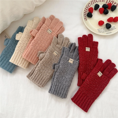 Winter Knitted Flip Top Gloves Women Thickened Warm Fingerless Convertible Mittens Rhombic Pattern Writing Touchscreen