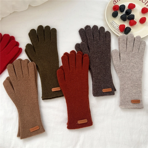 Women Winter Knitted Gloves Warm Solid Color Full Finger Wool Blend With Leather Label Ribbed Cuffs Adult Outdoor Fashion