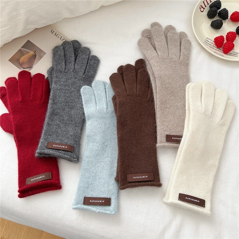 Guantes Invierno Tejidos Cálidos Color Sólido Dedos Completos Lana Táctil Térmica Exterior Estilo Universitario Mujeres Cuero