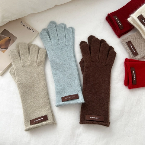 Guantes Invierno Tejidos Cálidos Color Sólido Dedos Completos Lana Táctil Térmica Exterior Estilo Universitario Mujeres Cuero