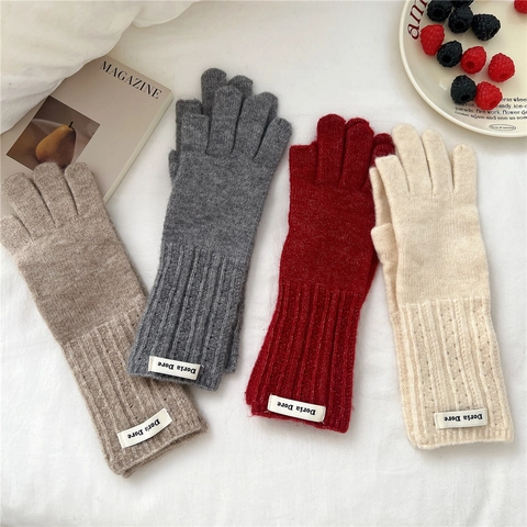 Winter Knitted Gloves Wool Blend Touch Screen Convertible Fingers Warm Ribbed Cuffs Solid Color For Men Women
