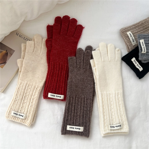 Winter Knitted Gloves Wool Blend Touch Screen Convertible Fingers Warm Ribbed Cuffs Solid Color For Men Women