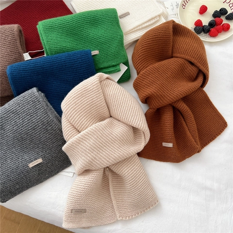 Winter Knitted Wool Blend Scarf Thick Warm Solid Color Soft Neck Warmer For Women Men Couples Versatile Chic Accessory
