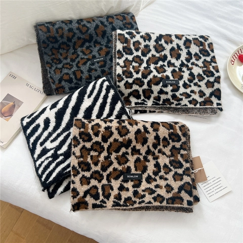 Sciarpa Invernale Leopardo Zebra Stampa Animale Misto Lana Maglia Morbida Calda Scaldacollo Chic Moda Per Donne