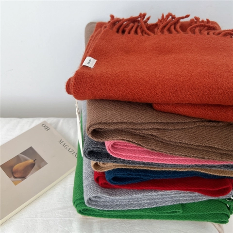 Bufanda De Mujer Lana Pura Tejida Color Sólido Larga Flecos Con Borlas Suave Cálida Elegante Invierno Chic