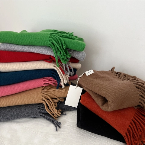 Bufanda De Mujer Lana Pura Tejida Color Sólido Larga Flecos Con Borlas Suave Cálida Elegante Invierno Chic