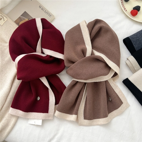 Bufanda De Lana De Punto Invierno Cálida Suave Borde De Contraste Bloque De Color Chic Coreano Elegante Versátil Hombres Mujeres