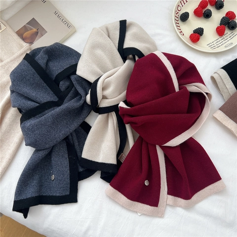 Bufanda De Lana De Punto Invierno Cálida Suave Borde De Contraste Bloque De Color Chic Coreano Elegante Versátil Hombres Mujeres