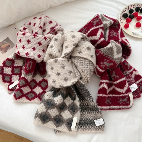 Winter Strickschal Für Damen Vintage Geometrisches Karo Acryl Nylon Wolle Mischung Dick Warm Weich Wickel Halswärmer
