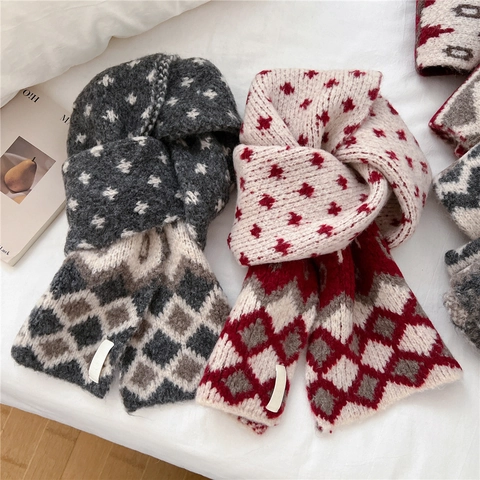 Winter Strickschal Für Damen Vintage Geometrisches Karo Acryl Nylon Wolle Mischung Dick Warm Weich Wickel Halswärmer