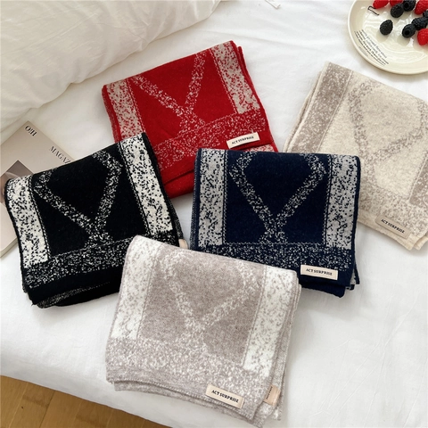 Gestrickter Winterschal Geometrisches Rautenmuster Warm Weich Wollmischung Jacquard Halstuch Schal Für Damen Chic