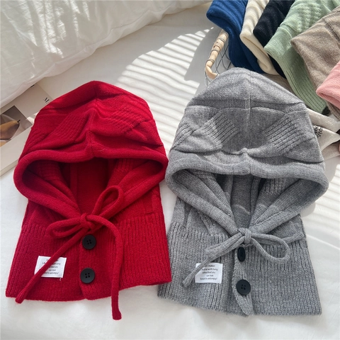 Knitted Balaclava Hat Hooded Scarf Warm Windproof Button Drawstring Autumn Winter Neck Warmer Solid Color For Women Men