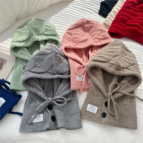 Knitted Balaclava Hat Hooded Scarf Warm Windproof Button Drawstring Autumn Winter Neck Warmer Solid Color For Women Men