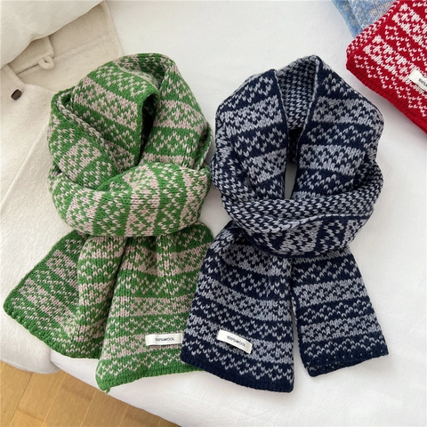 Bufanda De Lana De Punto Invierno Cálida Gruesa Jacquard Geométrico Color De Contraste Calentador De Cuello Suave Para Mujeres Hombres